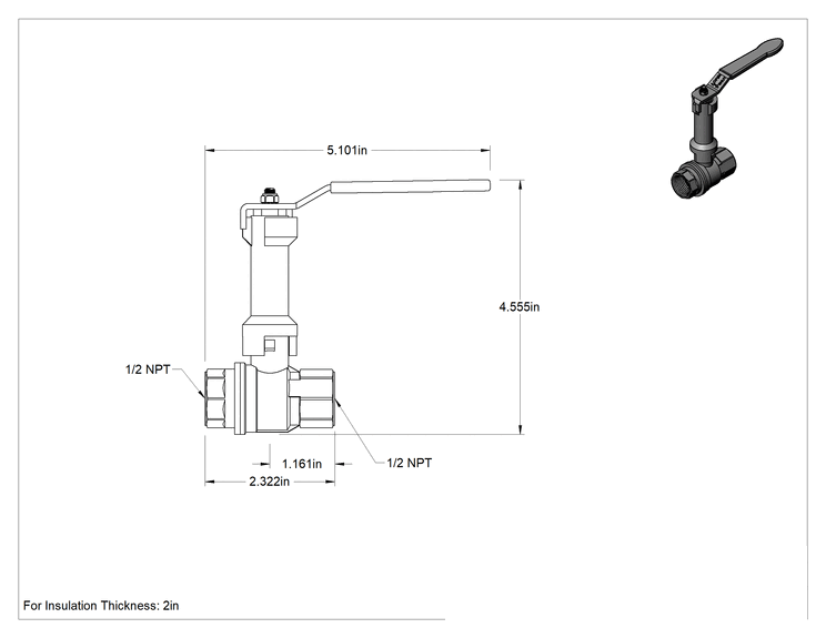 Teknik Çizim - Uzatılmış Saplı Dişli Açma/Kapama Vanası, Nikel Kaplı Pirinç Gövde, 1/2 NPT Dişi x 1/2 NPT Dişi