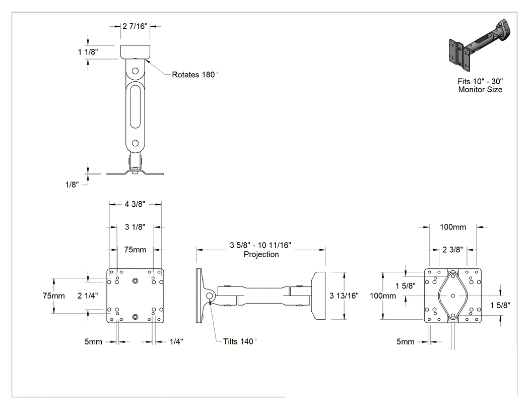 Teknik Çizim - Monitör Duvar Montaj Aparatları, İçeri/Dışarı Hareketler, Yandan Yana, Yukarı/Aşağı, Eğilebilir, Döner