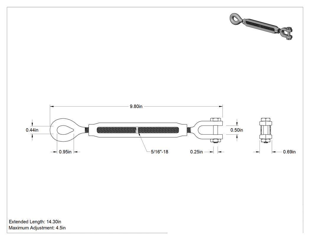 Teknik Çizim - Kaldırma için Çatal-Göz Gerdirme, 800 lbs. Kapasite, 9-3/4" Geri Çekilmiş Uzunluk