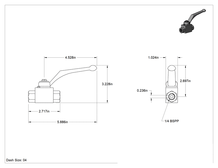 Teknik Çizim - On/Off Hatlı Hidrolik Valf, 1/4 BSPP Dişi Giriş ve Çıkış, Dash Boyutu 04