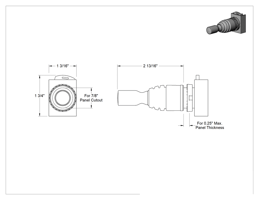 Teknik Çizim - Joystick Anahtarı, 2 Konumlu Aktüatör, 22 mm Panel Kesiti, Kalıcı Konumlu