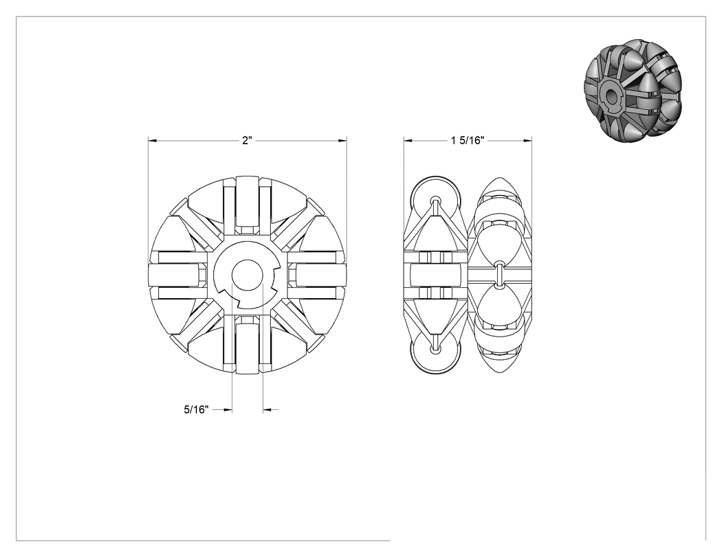 Teknik Çizim - Asetal Çok Yönlü Paten Tekerleği, İki Adet 2" Çaplı Tekerlekli Düz Delikli, 1-5/16" Genişlik