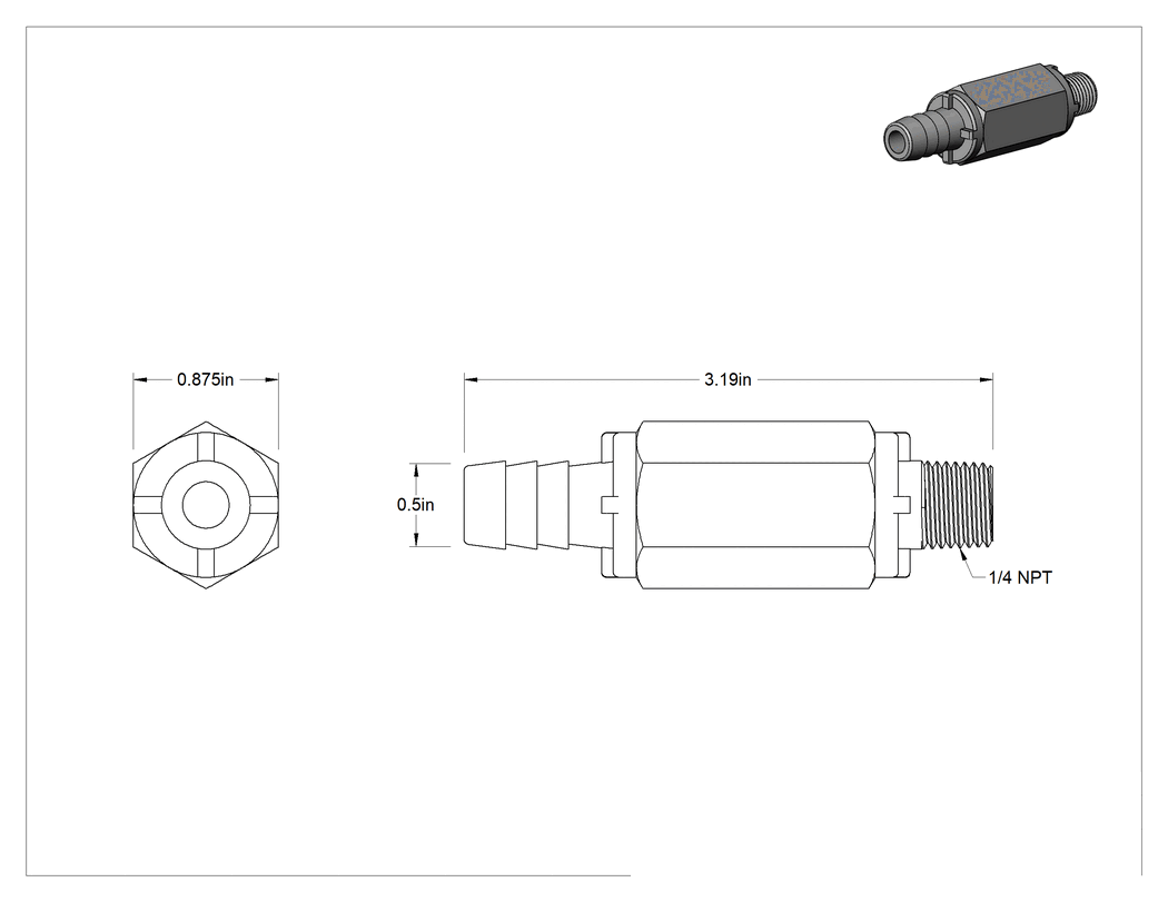 Teknik Çizim - PVC Çekvalf, 1/4 Erkek NPT Giriş x 1/2" Çıkış Boru İç Çapı