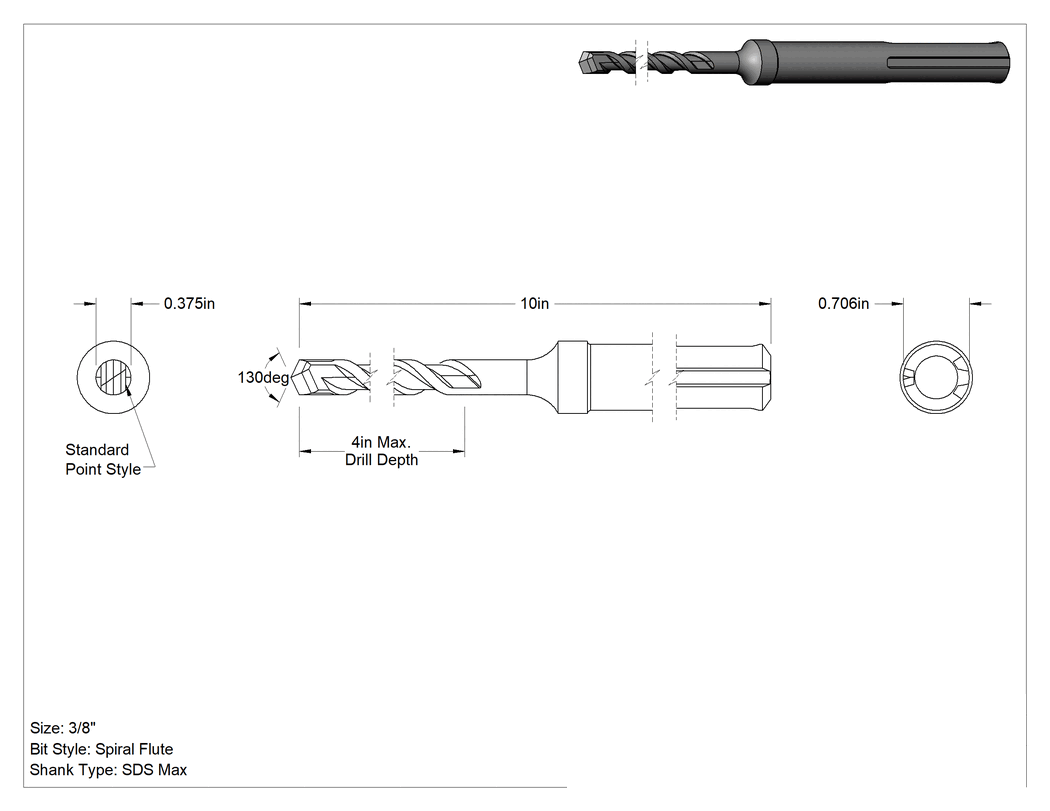 Teknik Çizim - SDS-Max Şaftlı Duvar Matkap Ucu, Döner Çekiçler için, 3/8" Boyut, 10" Toplam Uzunluk