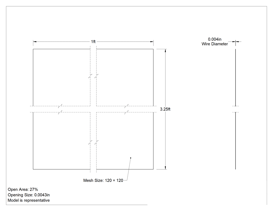Teknik Çizim - Alüminyum filtre ağ, 3.25 Fit Genişlik, 120 x 120 Mesh, 0.004 inç Açıklık, 1 Fit Uzunluğunda