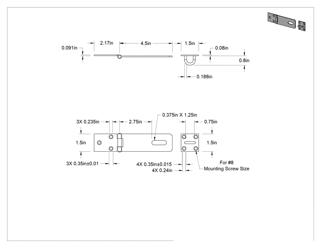 Teknik Çizim - Asma Kilitli Mandal, 4-1/2" x 1-1/2" x 1/16" Kollu, 304 Paslanmaz Çelik