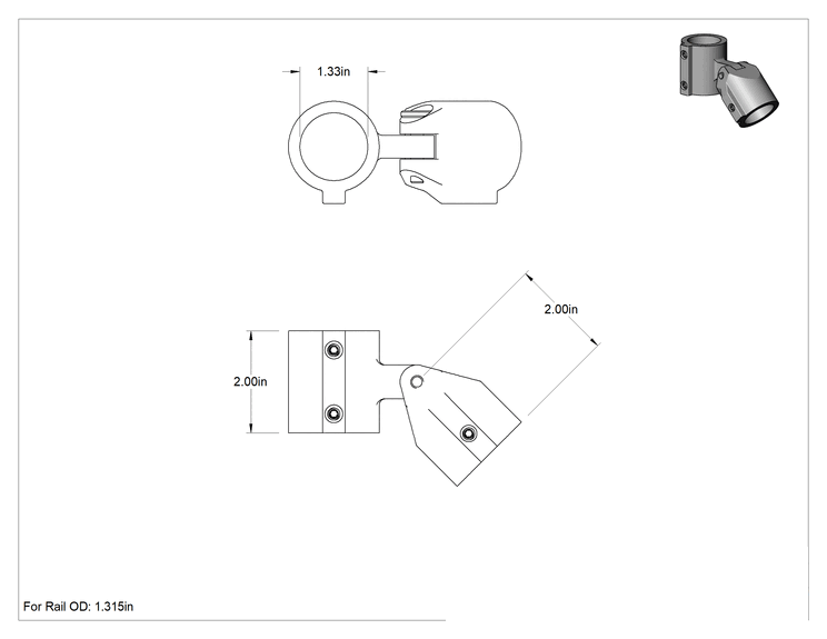 Teknik Çizim - Alüminyum Giydirme Bağlantı Parçası, 1-3/8" ray dış çapı için delikli ayarlanabilir açılı Y bağlantı parçası