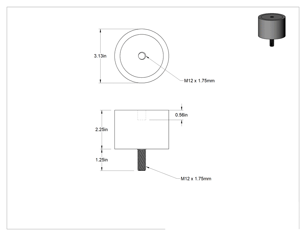 Teknik Çizim - Doğal Kauçuk Titreşim Sönümleyici Sandviç Montaj, M12 x 1.75 mm Çinko Kaplı Çelik Saplama ve Çelik Ek Parça