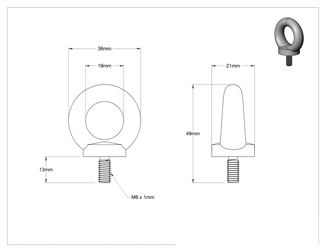 Teknik Çizim - Çinko Kaplı Çelik Halka Cıvata - Kaldırma için, M6 x 1 Diş Boyutu, 12 mm Diş Uzunluğu