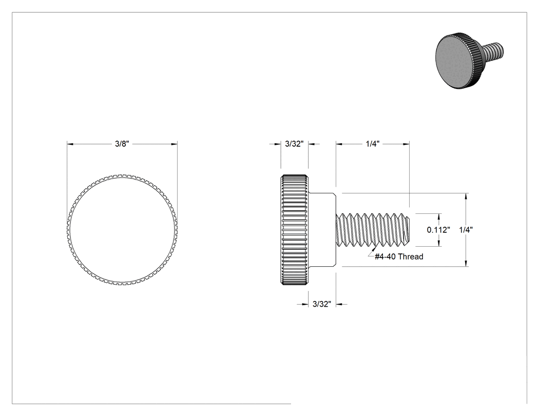 Teknik Çizim - Çelik Yükseltilmiş Tırtıllı Başlı El Vidası, 4-40 Diş Boyutu, 1/4" Uzunluk, 3/8" Çaplı Başlık