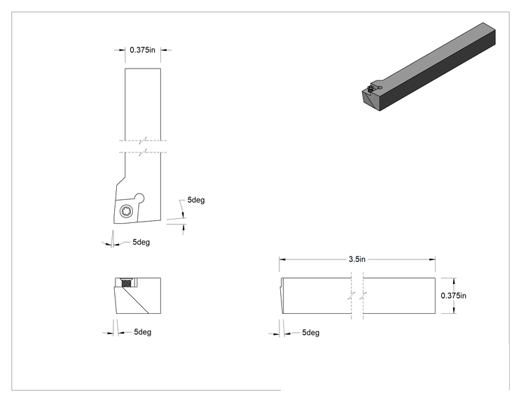 Teknik Çizim - Döner Karbür Uç Tutucu, SCLC, Sol Yönlü, 1/4" İç Çap için, 3/8" Şaft Genişliği