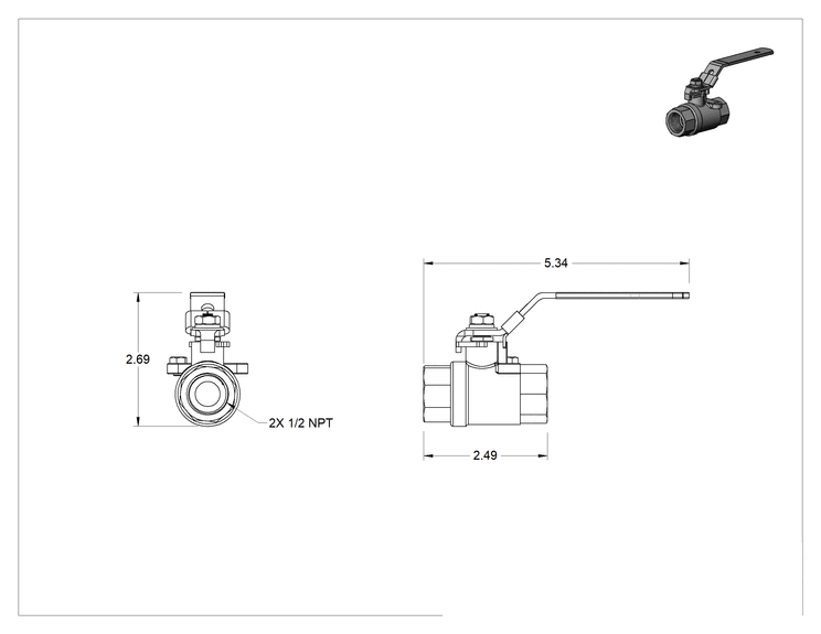 Teknik Çizim - Kolay Erişimli 316 Paslanmaz Çelik Açma/Kapama Vanası, Kol Kollu, 1/2 NPT Dişi