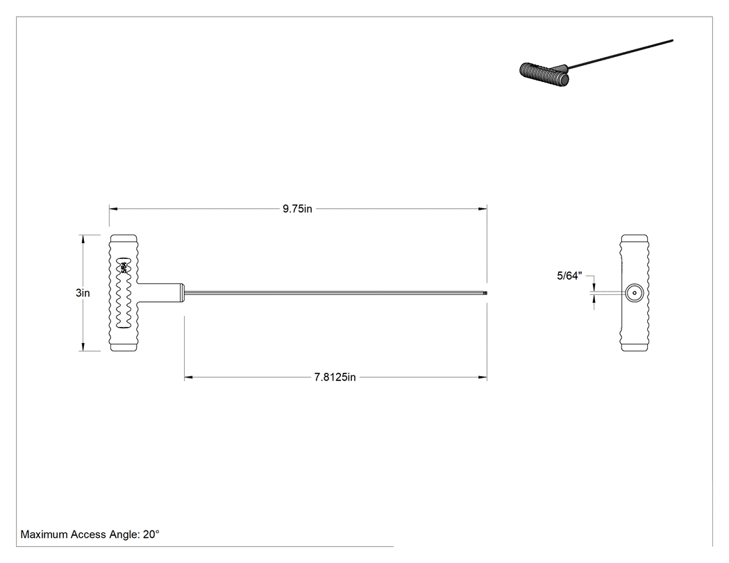 Teknik Çizim - Açılı Tabanlı Top Uçlu T Saplı Anahtar, 5/64" Tahrik Boyutu, Siyah Oksit Çelik, Ultra Grip