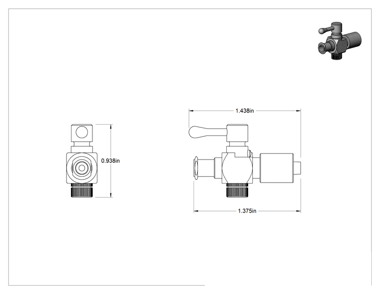 Teknik Çizim - Luer Lock Bağlantı Parçalı Açma/Kapama Vanası, 303 Paslanmaz Çelik Gövde, Kilitleme Halkalı Dişi x Erkek