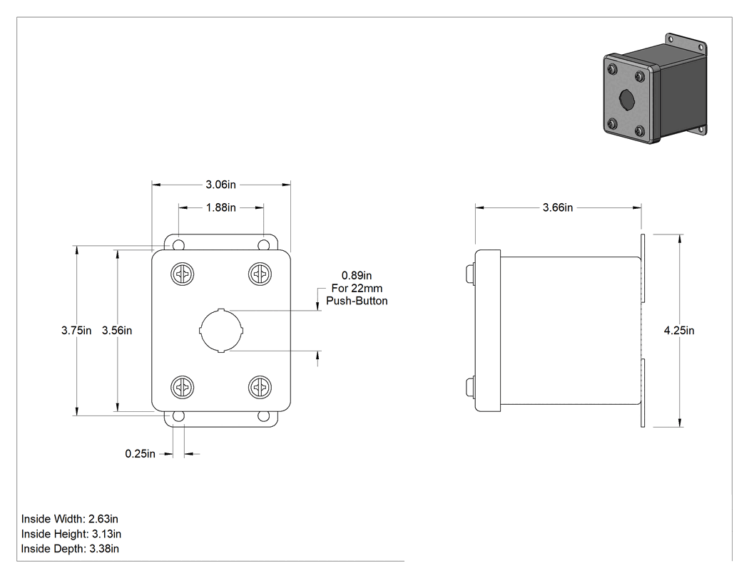 Teknik Çizim - 22 mm Basma Düğmesi için Toz Geçirmez Muhafaza, Çıkarılabilir Kapaklı, 1 Delik, 3-1/2" x 3-3/4"