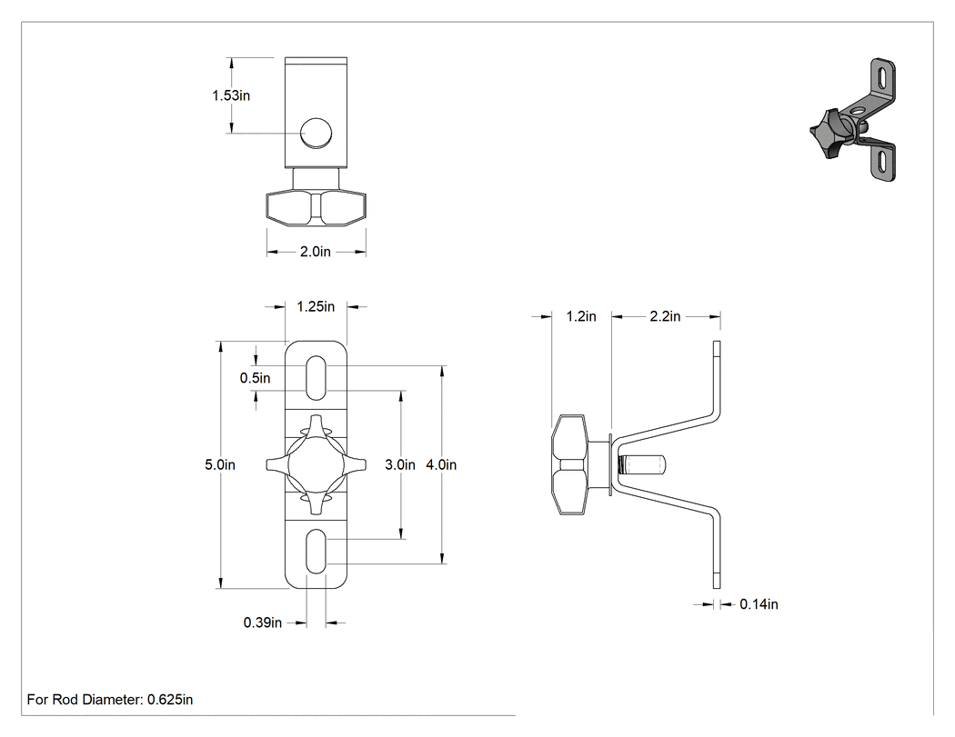 Teknik Çizim - Konveyörler için Montaj Çubuğu Braketi, 5/8" Çaplı Dikey Çubuk için Paslanmaz Çelik Braket, 2.2 inç Genişlik