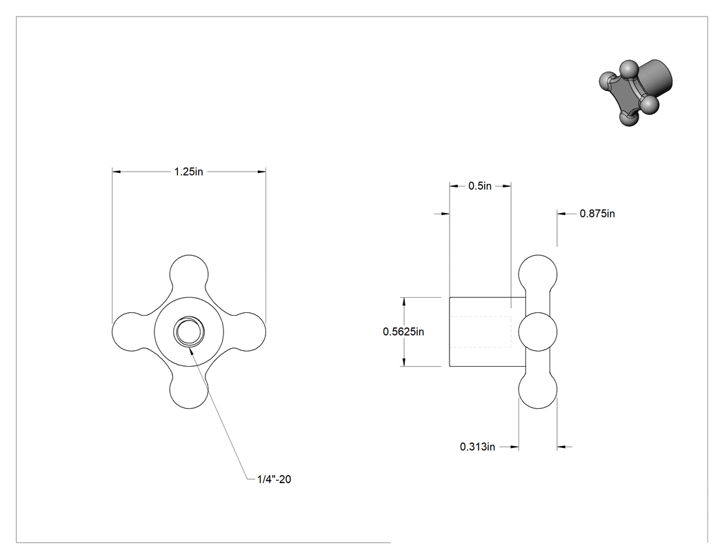 Teknik Çizim - Alüminyum dört kollu topuz, 1/4"-20 Dişli Delikli, 1-1/4" Genişliğinde Başlık