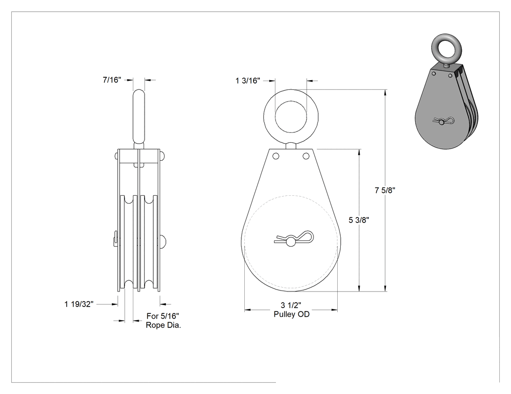 Teknik Çizim - Kaldırma için Tel Halat Kasnağı, Kolay Açılır Asma Çift, 5/16" Çap için, 3-1/2" Dış Çap