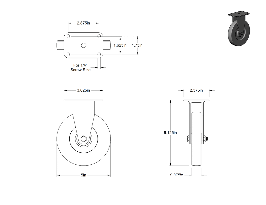 Teknik Çizim - Paslanma ve Aşınmaya Dayanıklı Tekerlek, 5" Çaplı 80D Durometre Kauçuk Tekerlekli Sert
