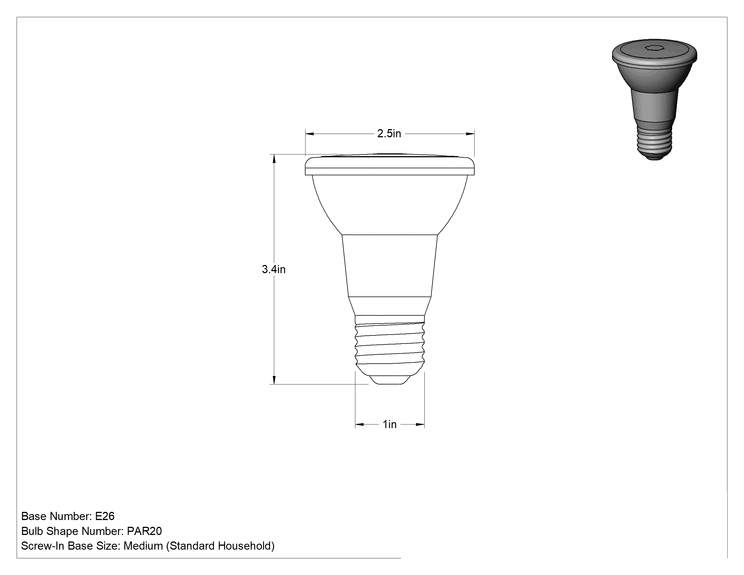Teknik Çizim - Ampul, PAR20 Ampul Şekli, 5W, 40 Derece Işın Açısı, Sıcak