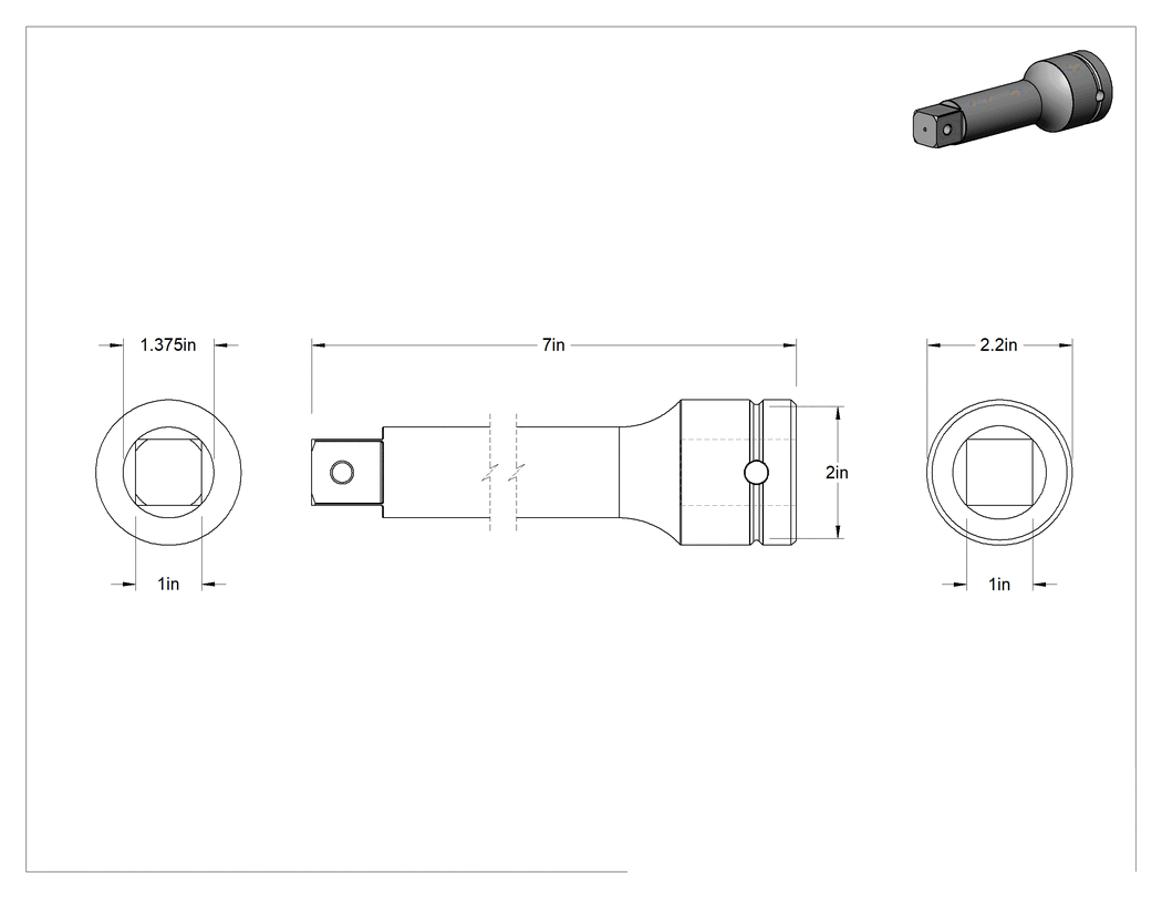 Teknik Çizim - 1" Kare Tahrikli Darbeli Lokma Uzatma, 7" Uzunluk