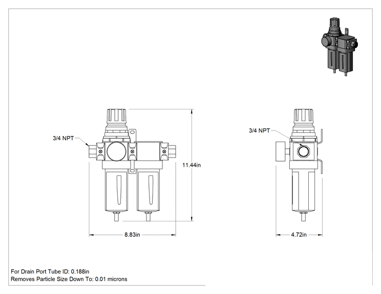 Teknik Çizim - Modüler Basınçlı Hava Filtresi/Regülatörü, Yağ ve Parçacıklar için, Parker Serisi P33C, 3/4 NPT Dişi