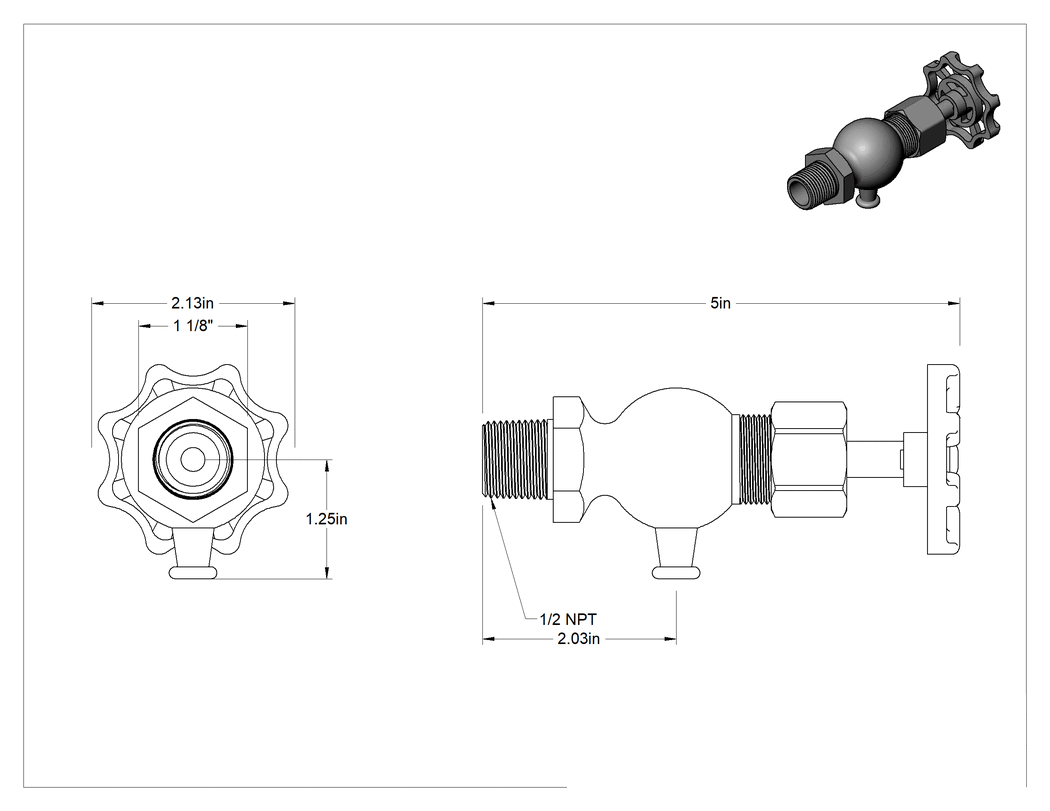 Teknik Çizim - Yüksek Sıcaklık Drenaj Valfi, Alüminyum Tutamaklı, PTFE Conta, 1/2 NPT Erkek Giriş