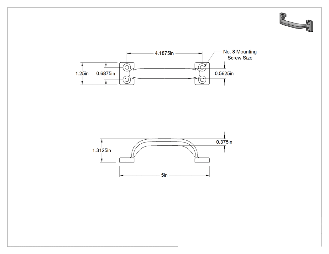 Teknik Çizim - Dişsiz Delikli Oval Çekme Kolu, Parlatılmış 304 Paslanmaz Çelik, 4-3/16" Merkezden Merkeze Genişlik