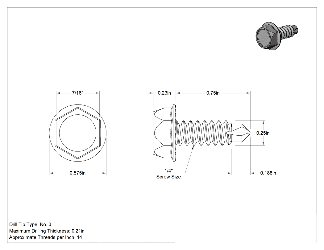 Teknik Çizim - Metal için Sıyırmaya Dayanıklı Delme Vidaları, Standart Başlık, Paslanma ve Aşınmaya Dayanıklı Çelik, 1/4" Boyut, 3/4" Uzunluk