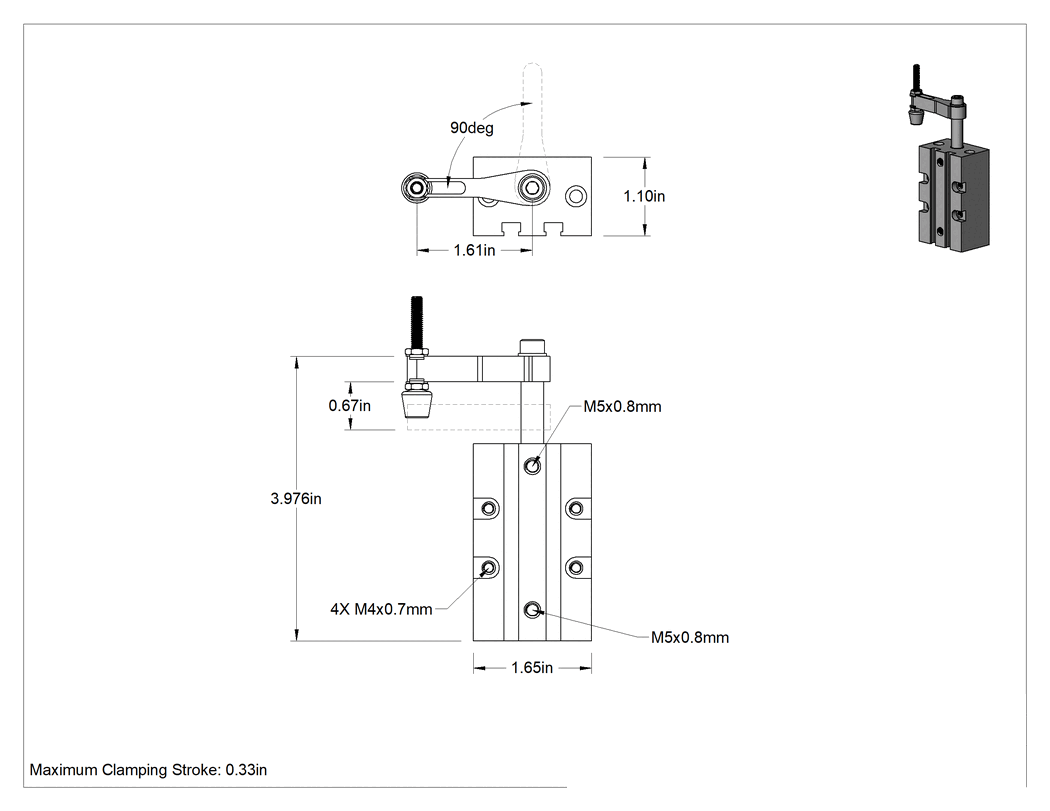 Teknik Çizim - Havalı Sabitleme Fikstürü Kelepçesi, Saat Yönünde Dönüş, 3-5/8" Maksimum Sıkıştırma Boşluğu