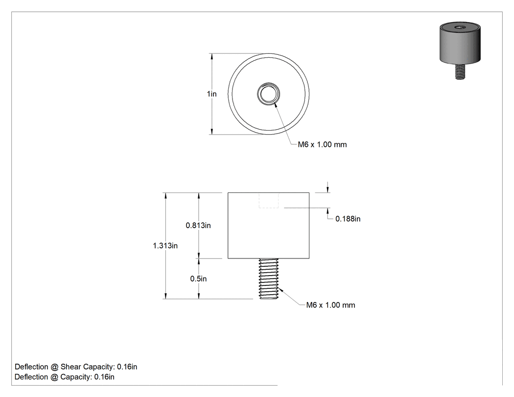 Teknik Çizim - Doğal Kauçuk Titreşim Sönümleyici Sandviç Montaj, M6 x 1 mm Dişli 304 Paslanmaz Çelik Saplama ve Ek Parça, 110 lbs. Kapasite