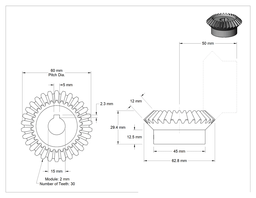 Teknik Çizim - 1045 Karbon Çelik Gönye Dişlisi, Anahtarlı Delik, Setskur, 2 Modül, 30 Diş, 15 mm Mil