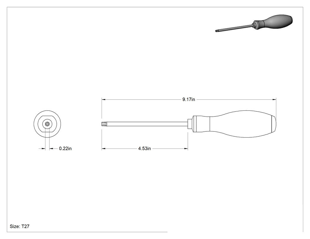 Teknik Çizim - Kurcalamaya Dayanıklı Torx Tornavida, Ultra Grip, T27 Tahrik Boyutu