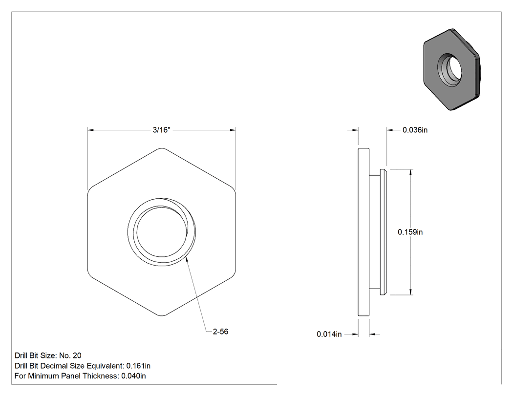 Teknik Çizim - Sac Metal için Gömme Montajlı Pres Kafes Somun, 2-56 Diş Boyutu, 0.04" Minimum Panel Kalınlığı için