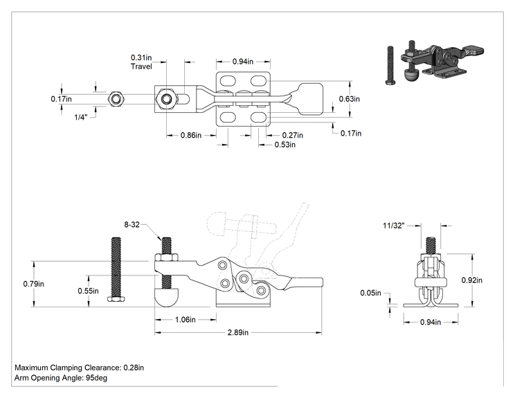 Teknik Çizim - Düşük Profilli Sabitleme Mandal Kelepçesi, Açık Kol, 18-8 Paslanmaz Çelik, 150 lbs. Tutma Kapasitesi