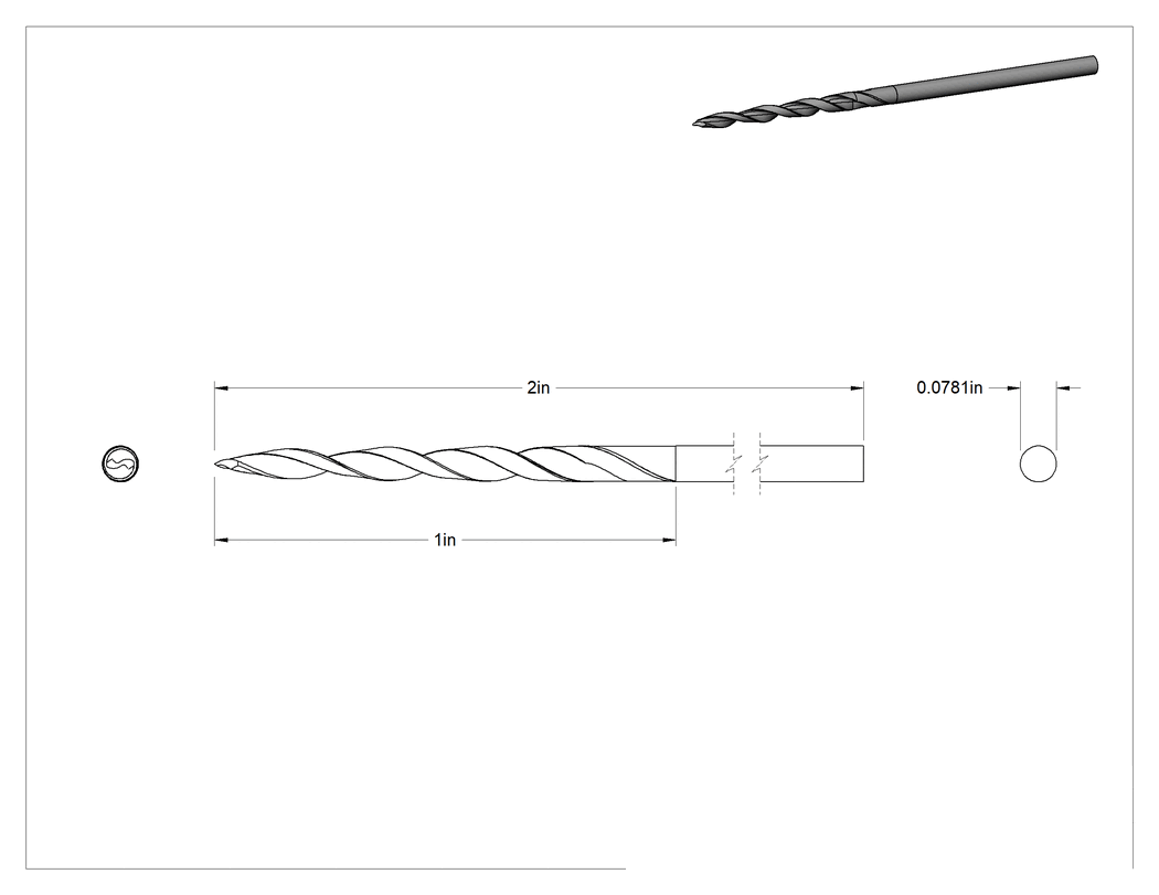 Teknik Çizim - Ahşap Vidaları için Yüksek Hızlı Çelik Matkap Ucu, 5/64" Boyut, 2" Toplam Uzunluk
