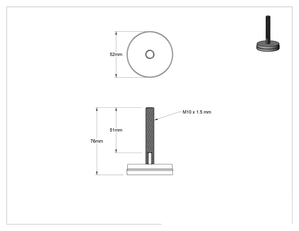 Teknik Çizim - Dişli Saplama ve Yastıklı Sert Seviyelendirme Montajı, Çinko Kaplı ve Naylon, M10 x 1.5mm, 51 mm Diş Uzunluğu, 52 mm Taban