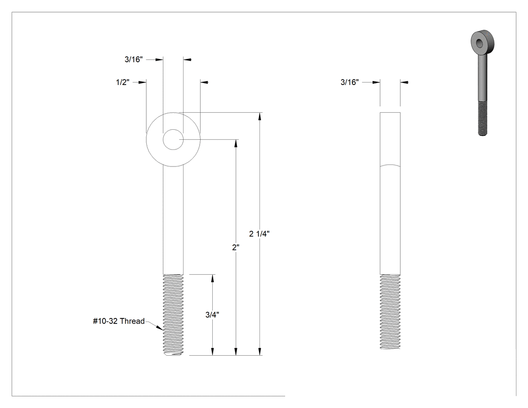 Teknik Çizim - Sağ Yönlü Kısmen Gijon Ucu Cıvatası, 10-32, 3/16" İç Çap, 2" Merkez Uzunluğu, 3/4" Diş Uzunluğu, 75000 PSI