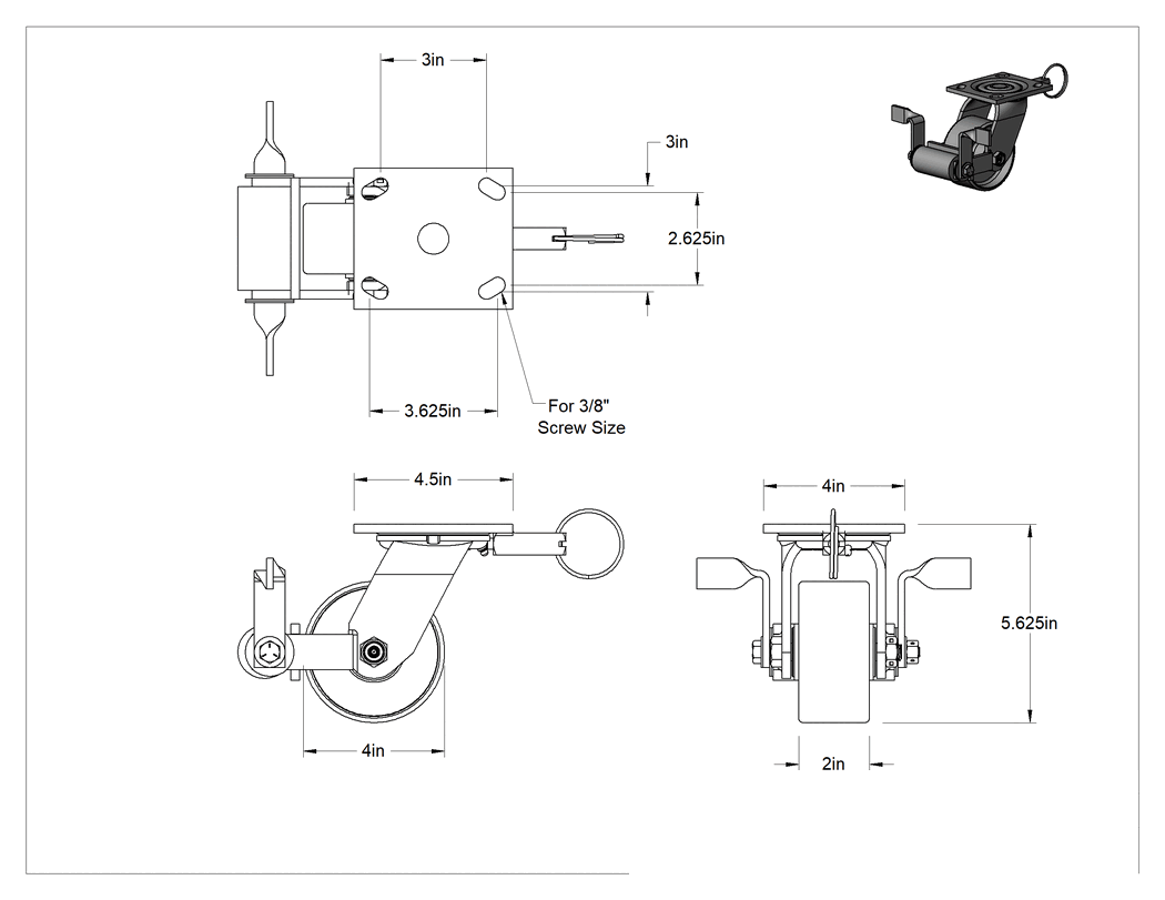 Teknik Çizim - 4-1/2" x 4" Plakalı Yüksek Kapasiteli Spartan Tekerlek, Frenli ve Döner Kilitli Döner Tekerlek, 4" Çaplı Açık Rulmanlı Metal Tekerlek