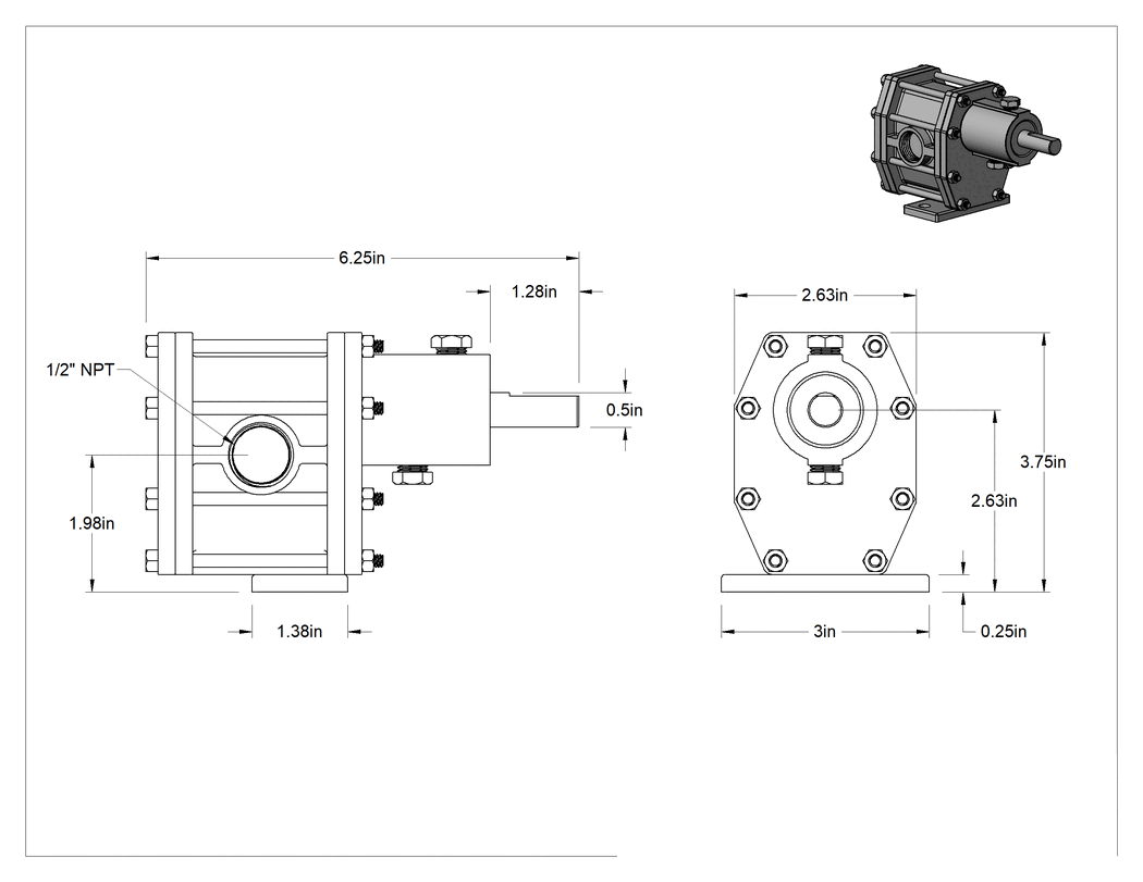 Teknik Çizim - Motorsuz Sabit Akış Hızlı Pompa, Kimyasallar için, 4.3 gpm @ 25 PSI