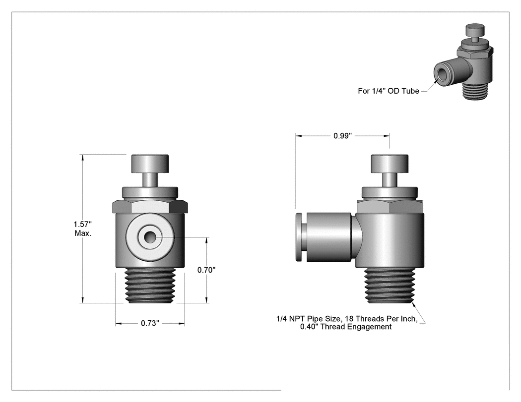 Teknik Çizim - Hassas Ayarlı Dirsek Hava Akış Kontrol Vanası, Polibütilen, 1/4" Boru Dış Çapı x 1/4 NPT Erkek