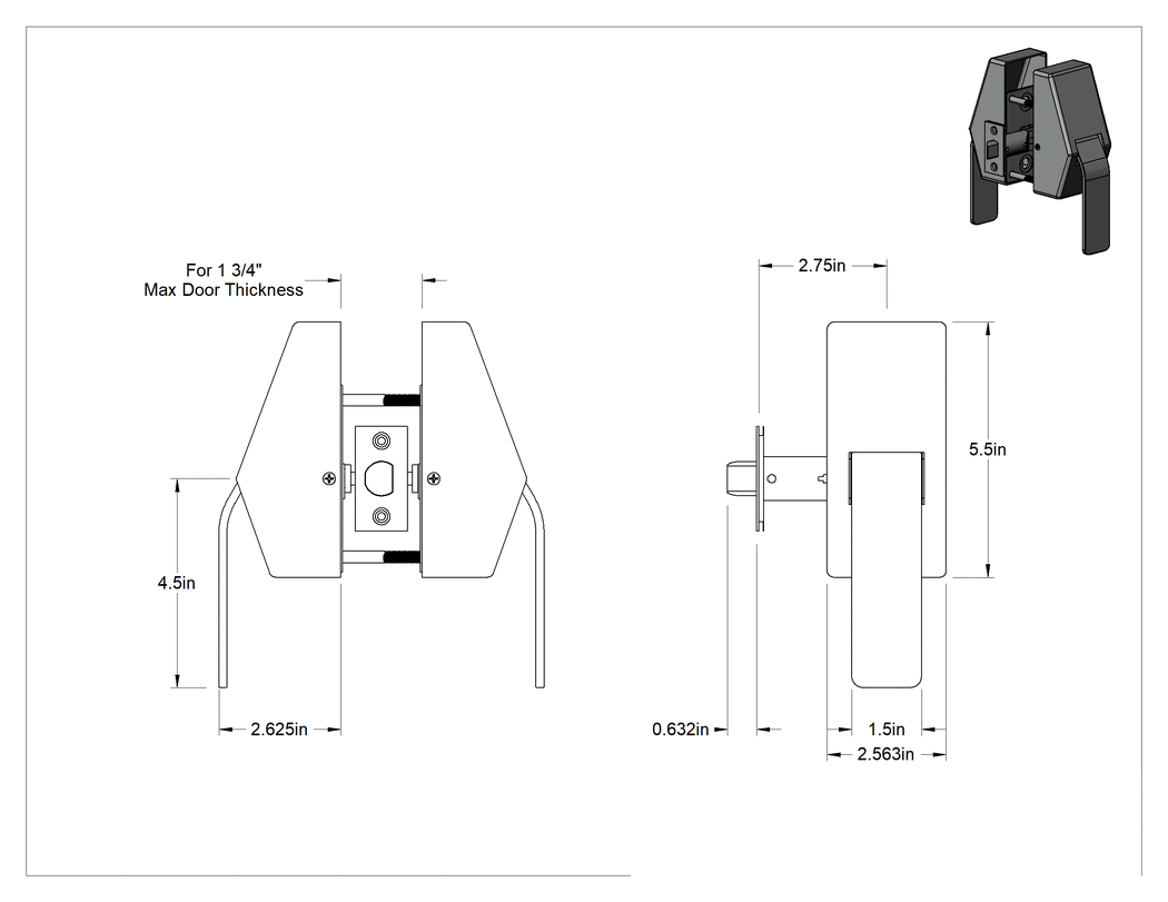 Teknik Çizim - İtme/Çekme Kapı Kolu, Schlage Marka Hl6, 2-3/4" Geri Çekme Mesafesi, Paslanmaz Çelik