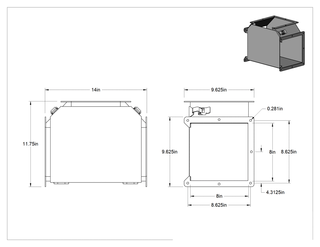 Teknik Çizim - Toz Geçirmez Kablolama Kanalı için 8 inç Genişlik x 8 inç Derinlik T Parçası
