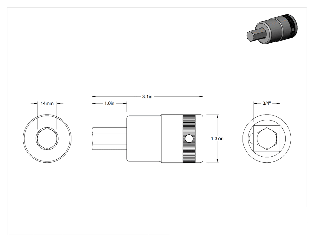 Teknik Çizim - 3/4" Kare Tahrik, 14 mm tahrik boyutu
