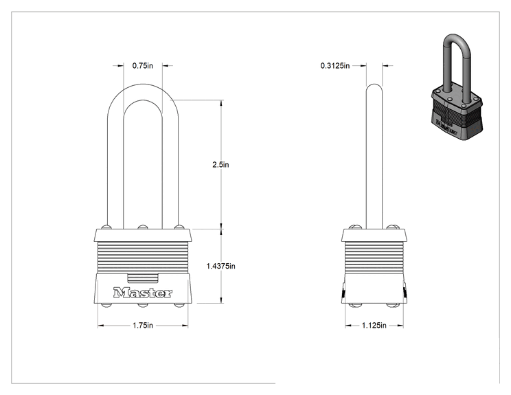 Teknik Çizim - Lamine Çelik Gövdeli Asma Kilit, 2-1/2" Dikey Boşluklu, Master Lock 81 Aynı Anahtarlı