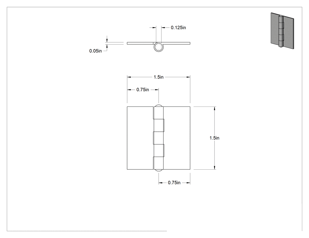 Teknik Çizim - Delikli Olmayan 304 Paslanmaz Çelik Menteşe, Çıkarılamayan Pim, 1.5" x 3/4" Yapraklar, 0.050" Kalınlıkta Yaprak