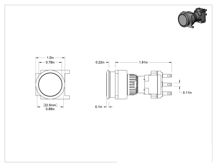 Teknik Çizim - Metal 22 mm Panel Montajlı Basmalı Düğme Anahtarı, Faston Terminaller, 2 Devre Kontrollü