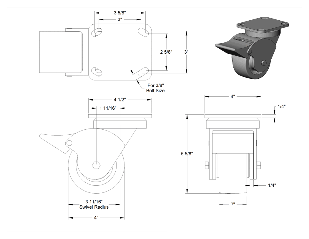 Teknik Çizim - 4-1/2" x 4" Montaj Plakalı Samson Tekerlek, Tam Kilitli ve 4 inç Çapında Siyah Kauçuk Tekerlekli Döner, Açık Rulman