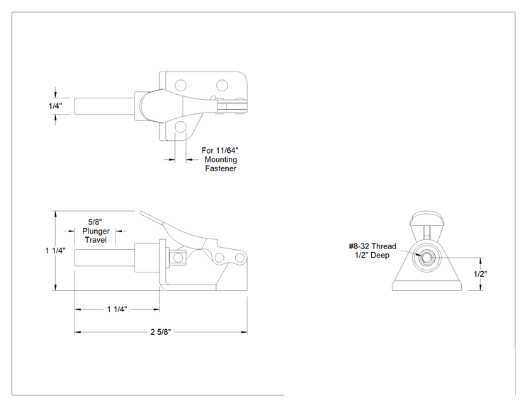 Teknik Çizim - İt/Çek Mandal Kelepçe, Kompakt, 18-8 Paslanmaz Çelik, 100 lbs. Kapasite, 1-1/4" Uzunluk Piston