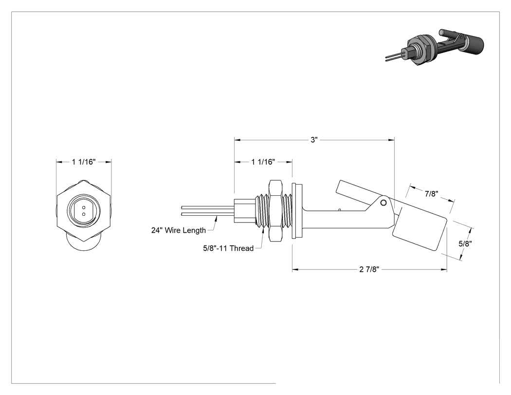 Teknik Çizim - Yakıtlar ve Yağlar için Yatay Montajlı Şamandıra Anahtarı, Duvar İçi, 5/8" Çaplı Delik için
